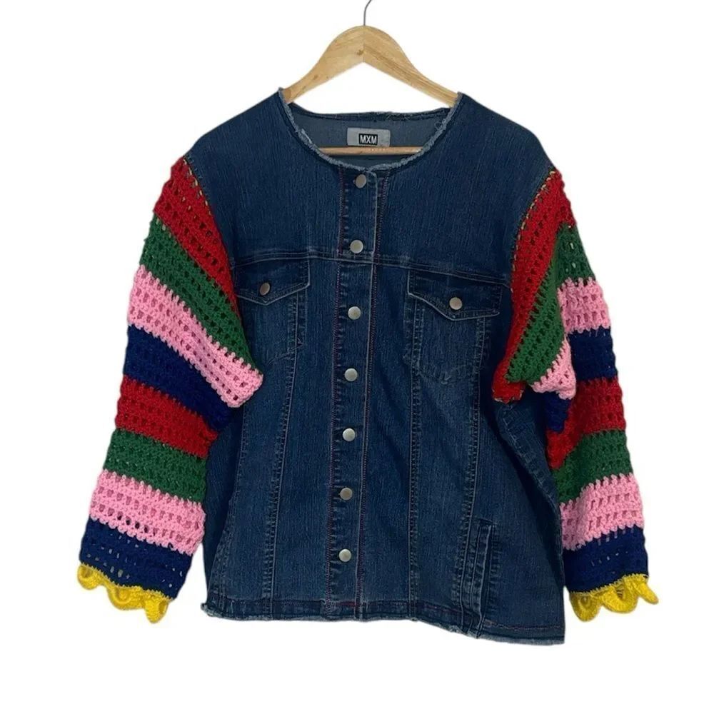 Custom MXM Denim Jacket with Crochet Sleeves, Woman’s 20